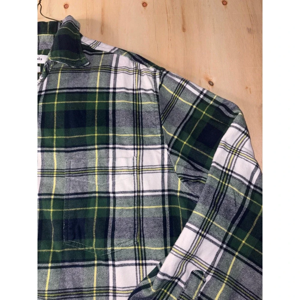Amazon Essentials Mens Flannel Shirt L Green White Yellow Plaid Long Sleeve L